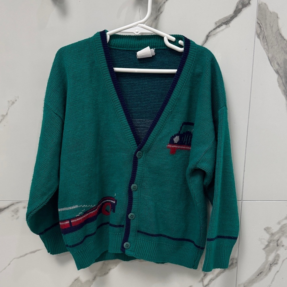 Vintage Honors Boys Teal Cardigan with Car Design